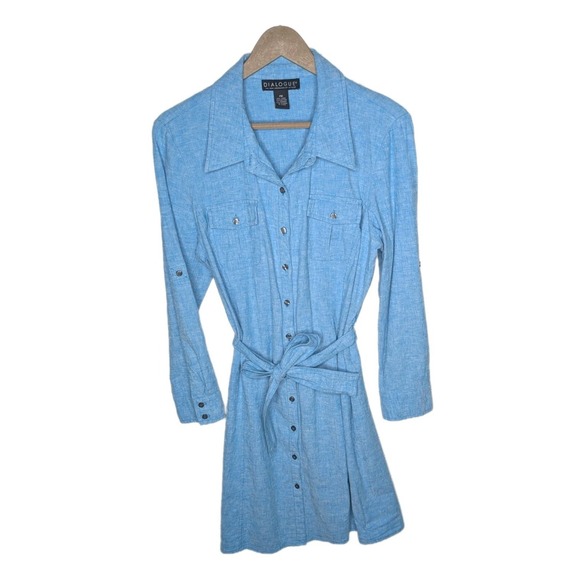 Dialogue Dresses & Skirts - Dialogue Women's Shirt‎ Dress Petite Medium PM Blue Long Sleeve Tie Linen Blend
